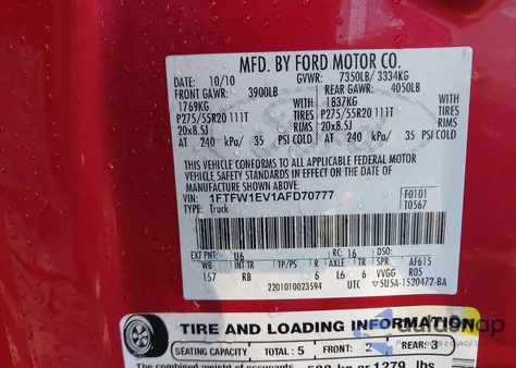 2010 Ford F-150 Fx4/Harley-Davidson/King Ranch/Lariat/Platinum/Xl/Xlt из США, поврежденный, VIN 1FTFW1EV1AFD70777